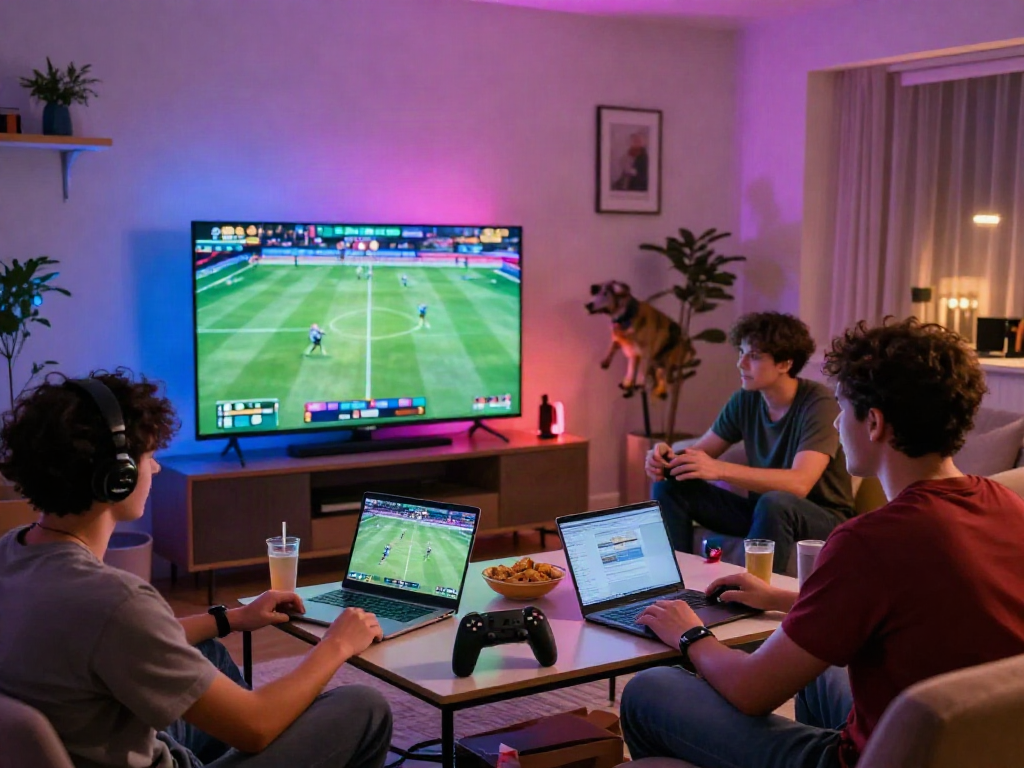 Exciting online gaming scene featuring friends enjoying sports at https://zbet.cymru/ in a cozy living room.