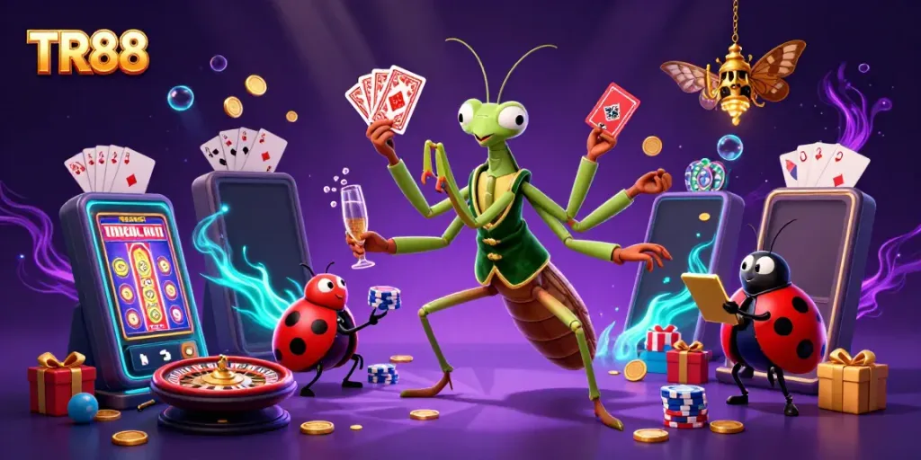 Play exciting casino games with TR88's dynamic characters in a vibrant casino scene.