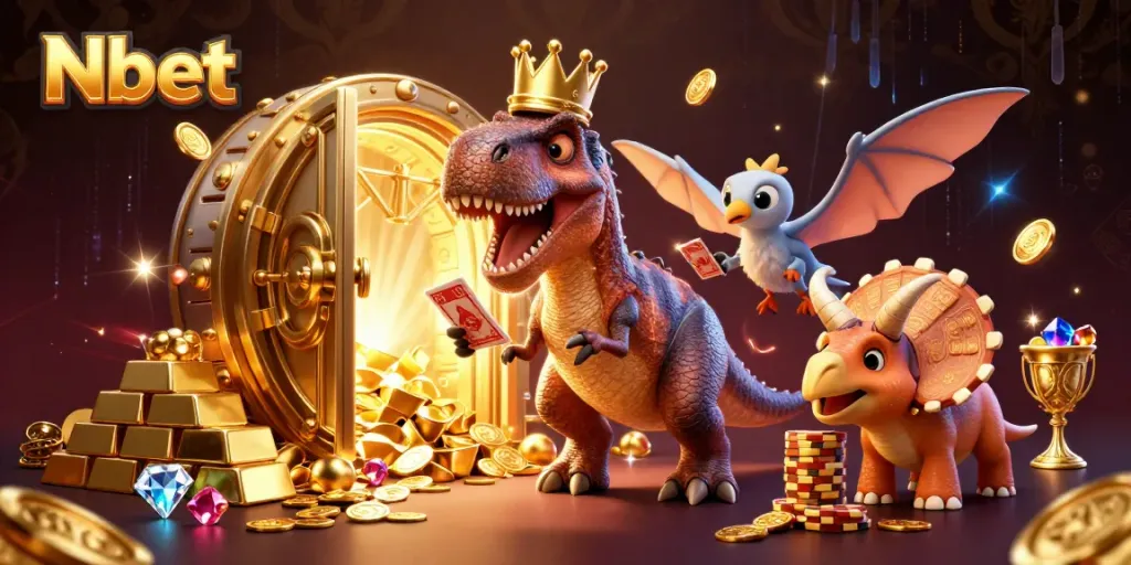 Nbet casino scene with characters like a T-Rex and cards, surrounded by gold bars and gems.
