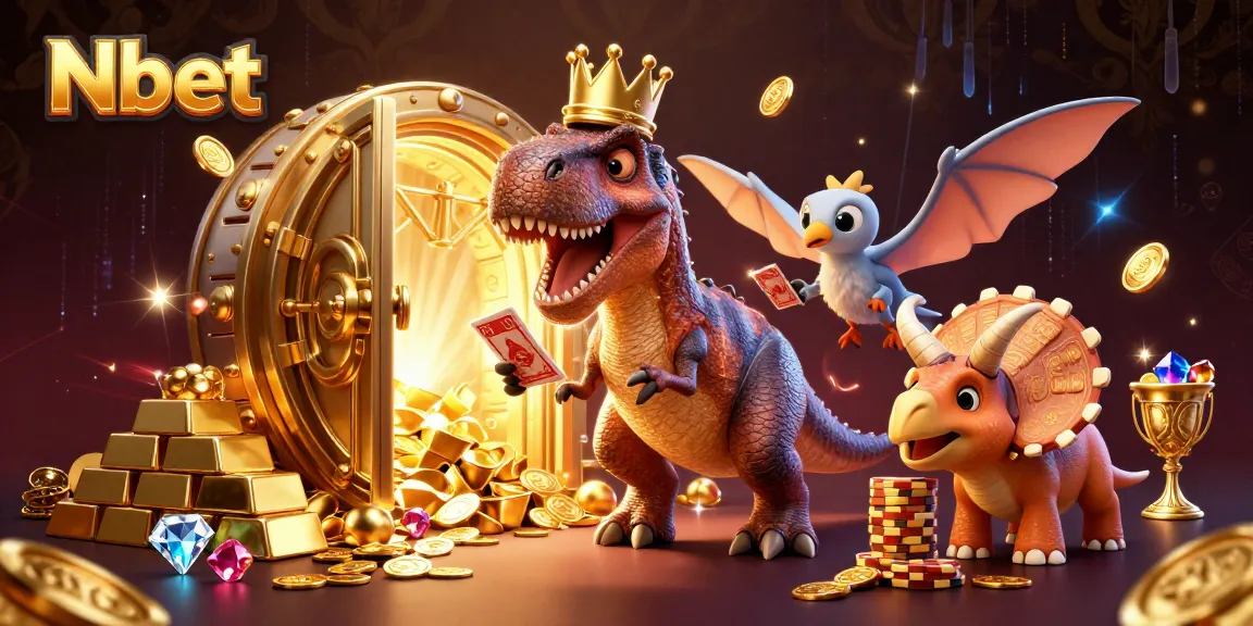 Nbet casino scene with characters like a T-Rex and cards, surrounded by gold bars and gems.