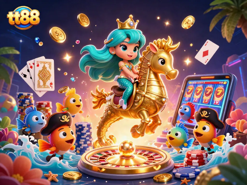 Experience gaming excitement with tt88's vibrant mermaid and seahorse capturing casino treasures.
