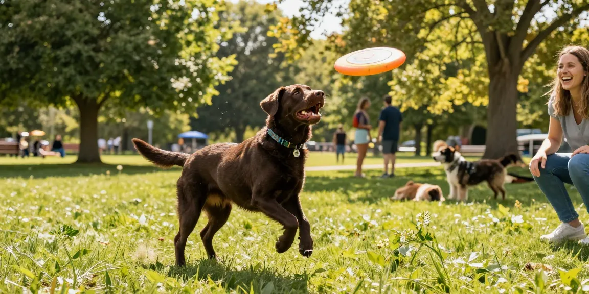 Active chocolate labs enjoying fetch in a sunny park, joyful playtime.