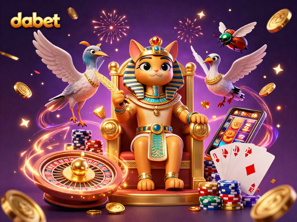 Dabet's immersive casino scene with an Egyptian pharaoh cat, spinning roulette, and vibrant gold coins cascading.
