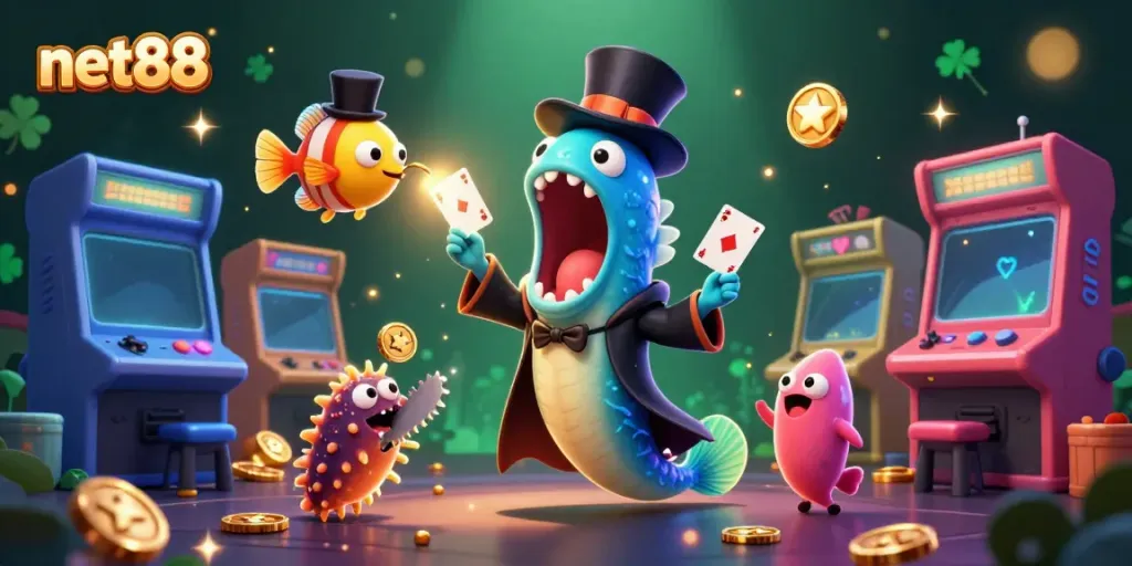 Engage with net88's thrilling card tricks by an eel and anglerfish in a vibrant casino scene.