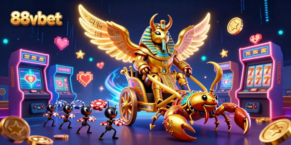 Spin the reels at 88vbet with our dazzling casino art featuring golden shielded beetles and shining poker chips.