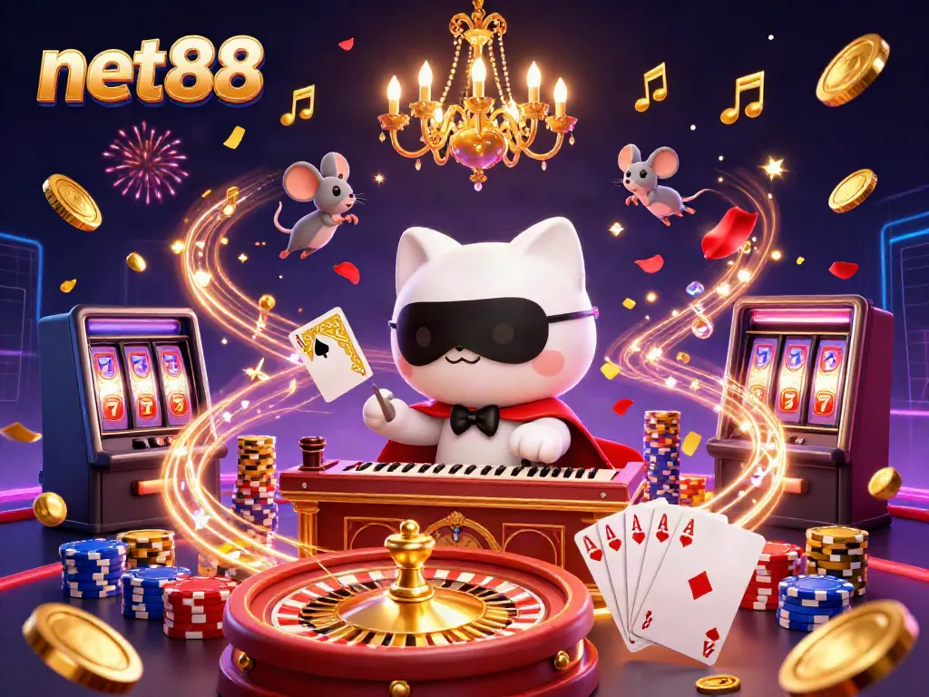 Experience the thrill of betting with net88 featuring a playful cat and mouse, showcasing casino elegance.
