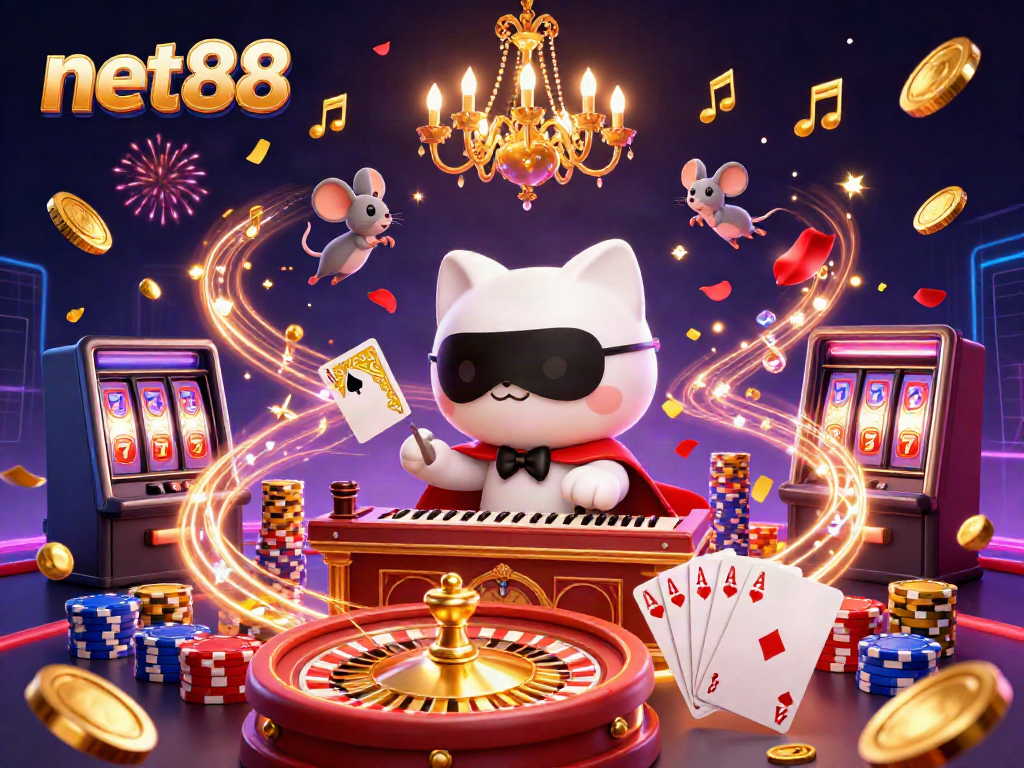 Experience the thrill of betting with net88 featuring a playful cat and mouse, showcasing casino elegance.