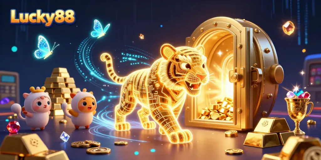 Spin to win at Lucky88 with a vibrant digital casino scene featuring a golden tiger and treasures galore.
