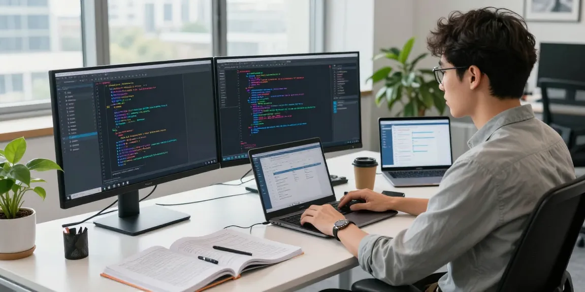 Engineer utilizing instant indexing on dual monitors in a tech workspace.
