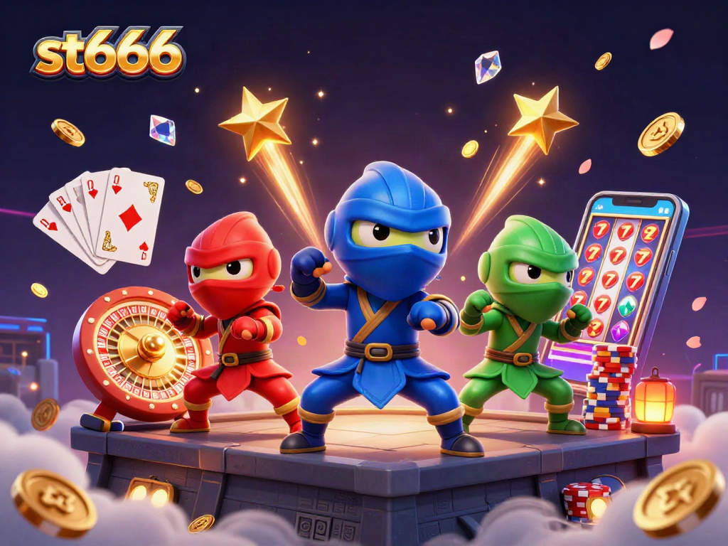Experience exciting games at st666, featuring vibrant chameleon ninjas and casino elements in a dynamic 3D scene.