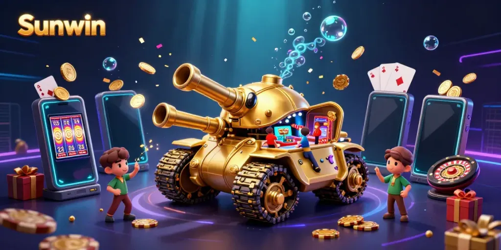 Engage with the vibrant world of Sunwin, depicted through a dynamic golden tank casino scene.