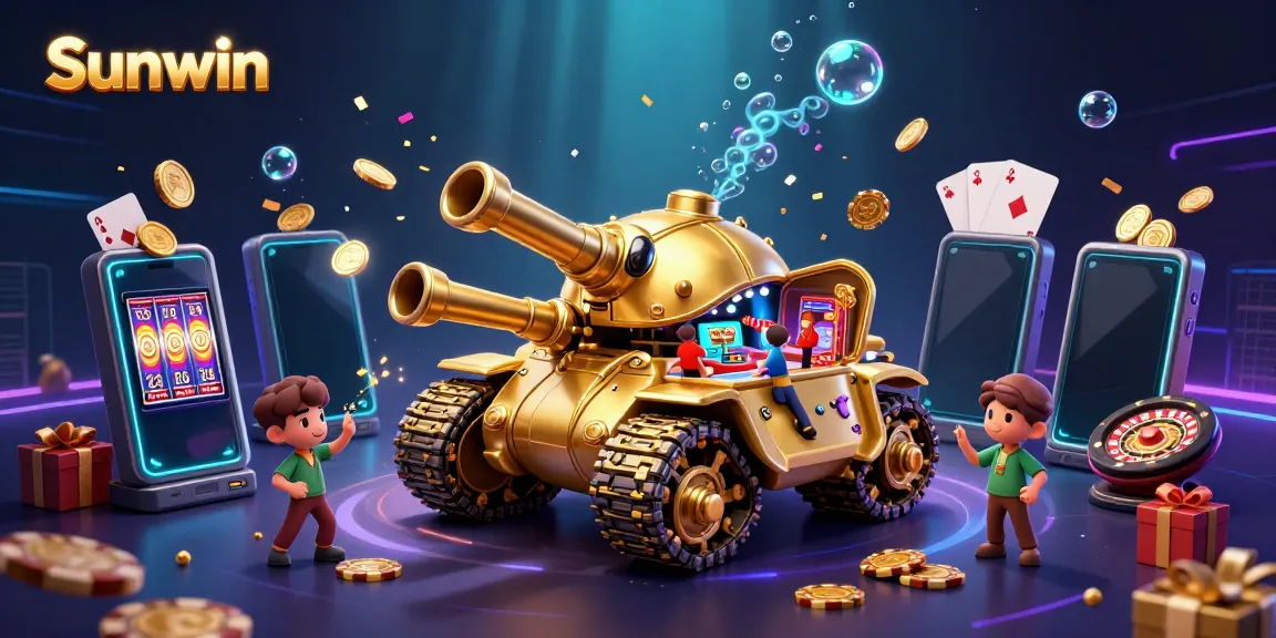 Engage with the vibrant world of Sunwin, depicted through a dynamic golden tank casino scene.