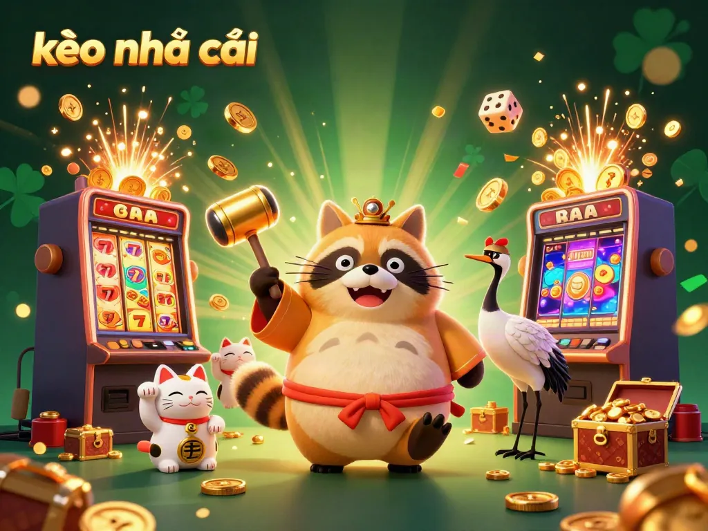 Experience the excitement of kèo nhà cái with a dynamic scene featuring a cheerful tanuki and vibrant casino elements.
