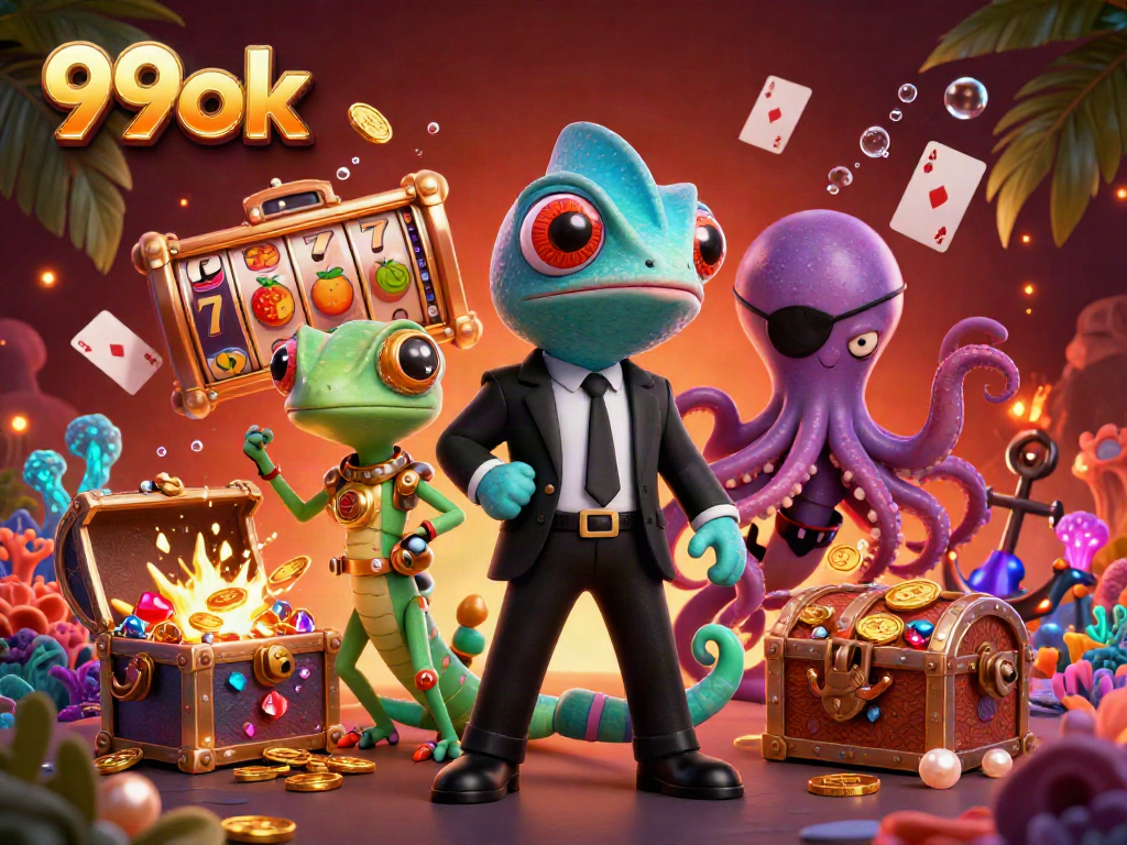 Experience 99ok's thrilling slot games with vibrant characters and dynamic casino elements.