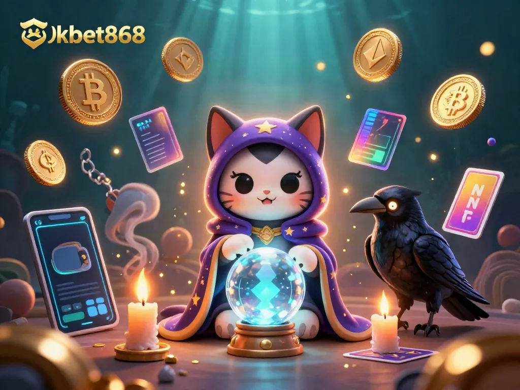 Experience the mystical world of 8xbet868 with a fortune teller cat and tarot raven illuminating online betting.