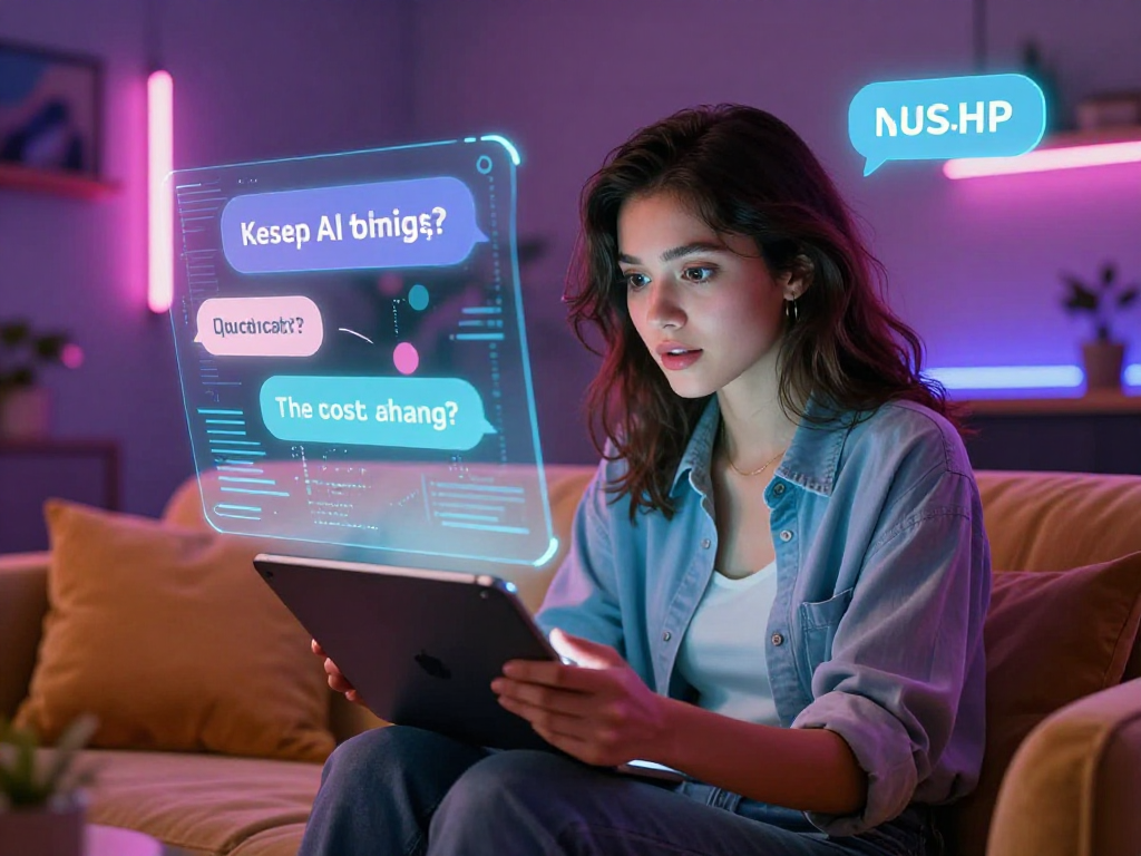 Engaging woman exploring nsfw ai chat interface in a neon-lit room, showcasing digital interaction.
