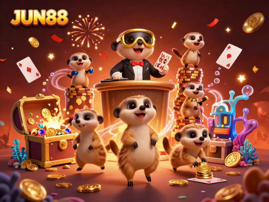 Experience the excitement at JUN88 with meerkats running a vibrant casino scene in a colorful underwater setting.