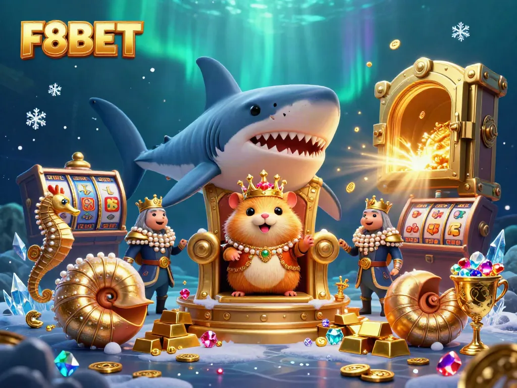 F8BET hamster king seated on megalodon throne with guards and golden game treasures, in a luxurious casino setting.