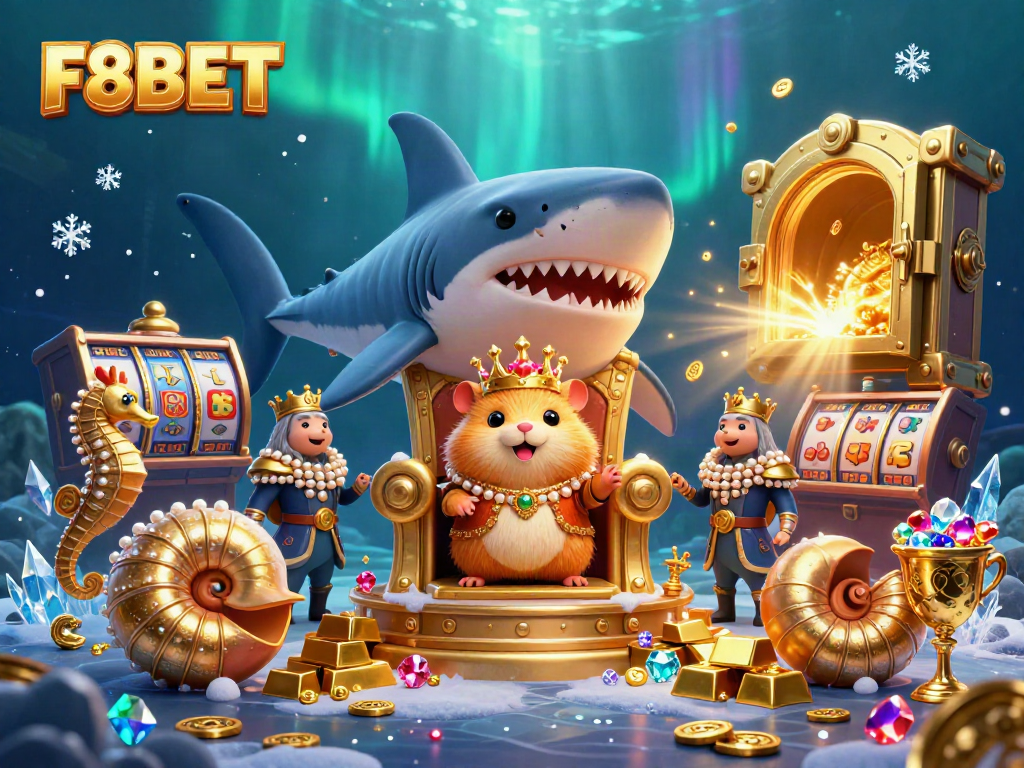 F8BET hamster king seated on megalodon throne with guards and golden game treasures, in a luxurious casino setting.