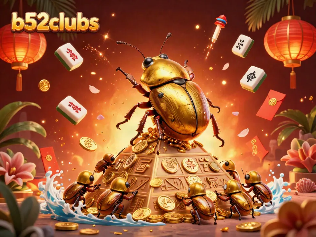 Experience the excitement of b52clubs with a golden beetle and casino symbols in a vibrant setting.