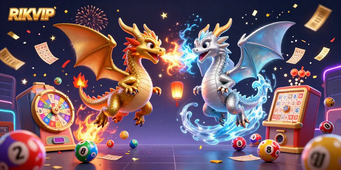 Engage with RIKVIP through a vibrant 3D illustration of golden and silver dragons in a dynamic casino setting.