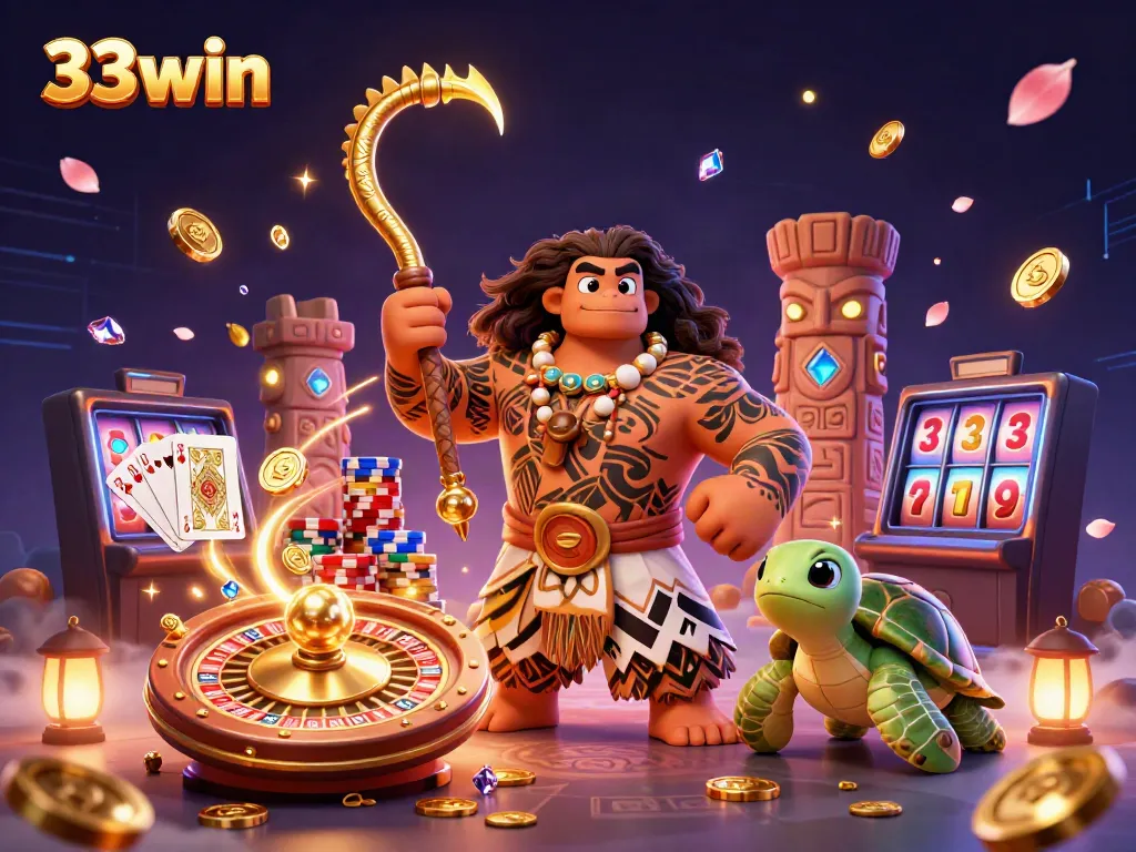 Experience the thrill of 33win's online gaming with exciting casino elements in a vibrant, dynamic scene.