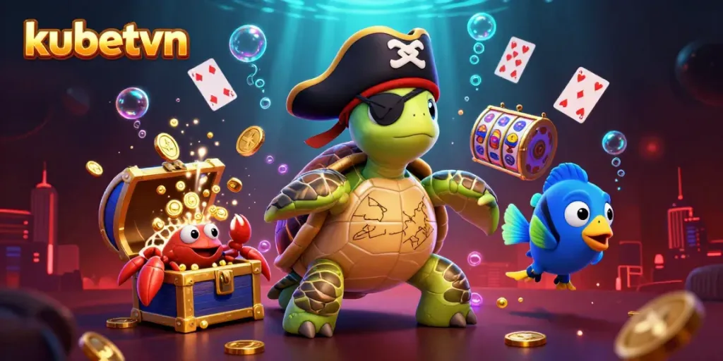 Experience thrilling casino action with kubetvn's vibrant underwater treasure scene featuring a pirate turtle and colorful playing cards.