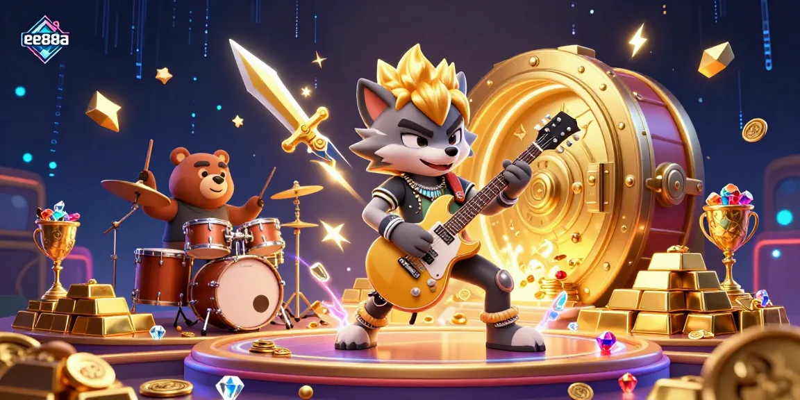 Experience the thrills at ee88a with a 3D illustration of a rock star wolf and drummer bear on a dynamic casino stage.