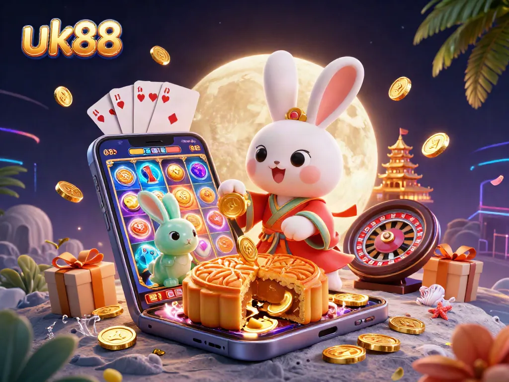 uk88 showcases an exciting moon rabbit scene, revealing poker chips and slot game elements