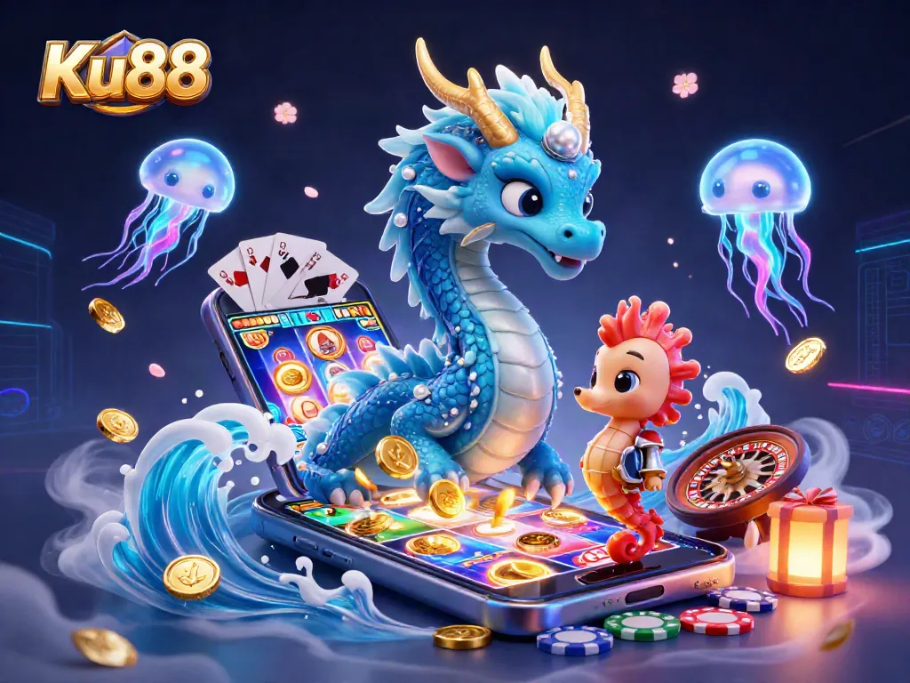 Experience thrilling bets and gaming adventures with Ku88's rich casino illustration featuring animated ocean-themed characters.