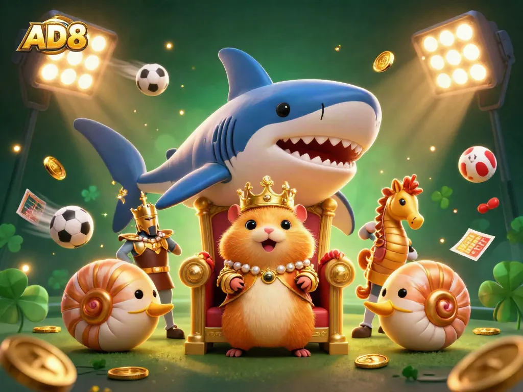Bet on AD88 with a vibrant scene showcasing the golden hamster king, sports balls, and dynamic betting elements.