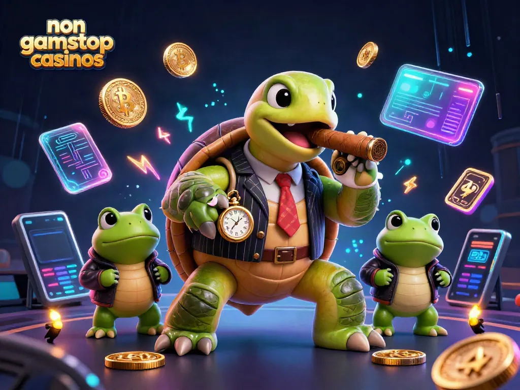 Experience thrilling gaming action with non gamstop casinos featuring an adventurous snapping turtle and frog enforcers.