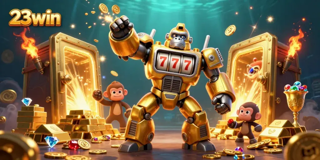 Experience thrilling gameplay with the dynamic golden gorilla mech in the 23win casino.