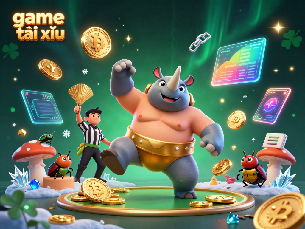 Experience the excitement of game tài xỉu with a cartoon beetle champion and glowing crypto elements